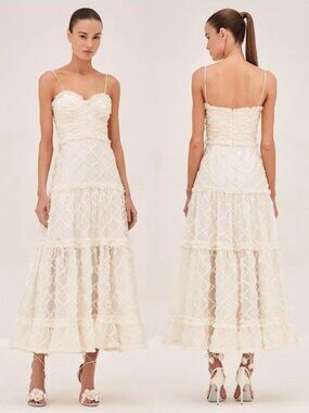 Alexis Rasa‎ Dress Natural Ivory Midi Tiered Fringe Size L